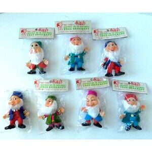 Walt Disney Snow White 7 Dwarfs Christmas Ornaments Lot of 7 Vintage Japan NOS
